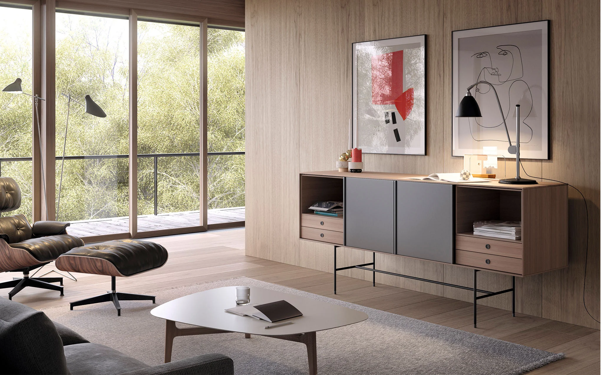 Aura sideboard with sliding doors - walnut, moss & anthracite - Image 2